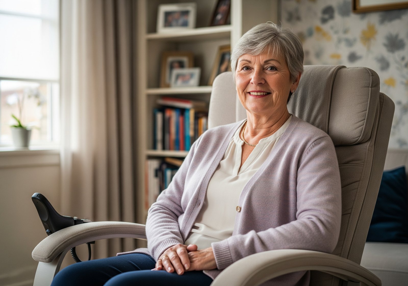 Een vrouw comfortabel zittend in haar stoel in haar eigen huis.