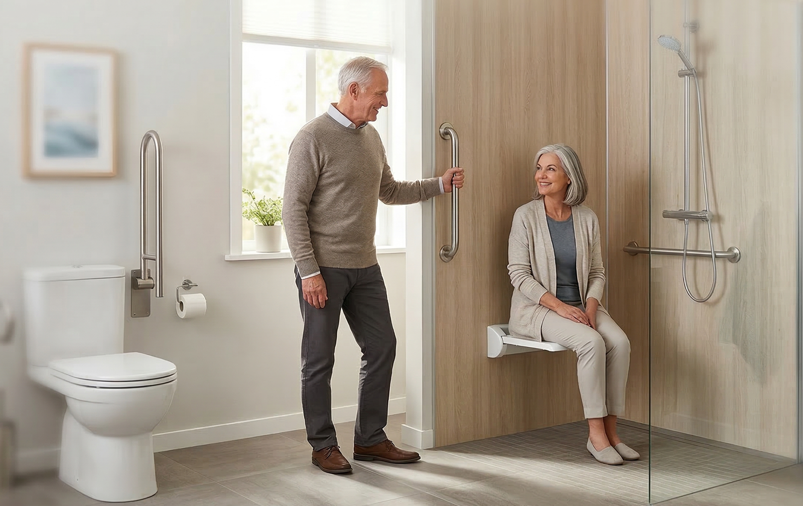Een moderne, veilige senioren-badkamer met een inloopdouche, opvouwbare douchezit, verhoogd toilet en strategisch geplaatste handgrepen.