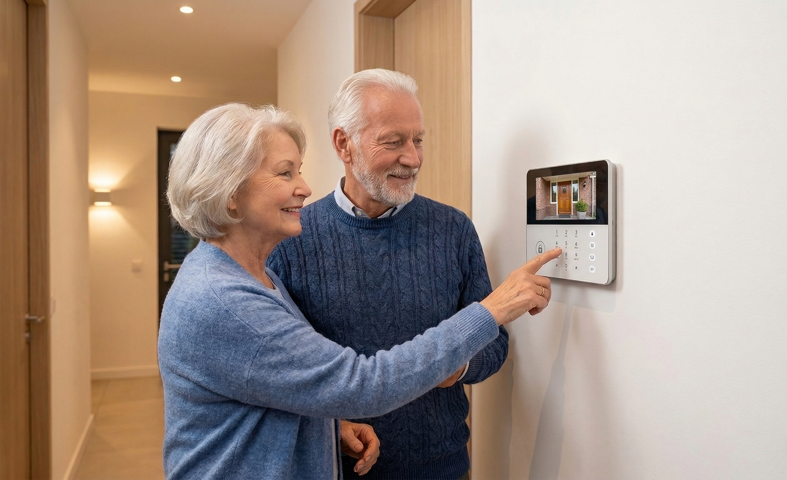 Ouder echtpaar gebruikt modern alarmsysteem in een veilige woning 2026.
