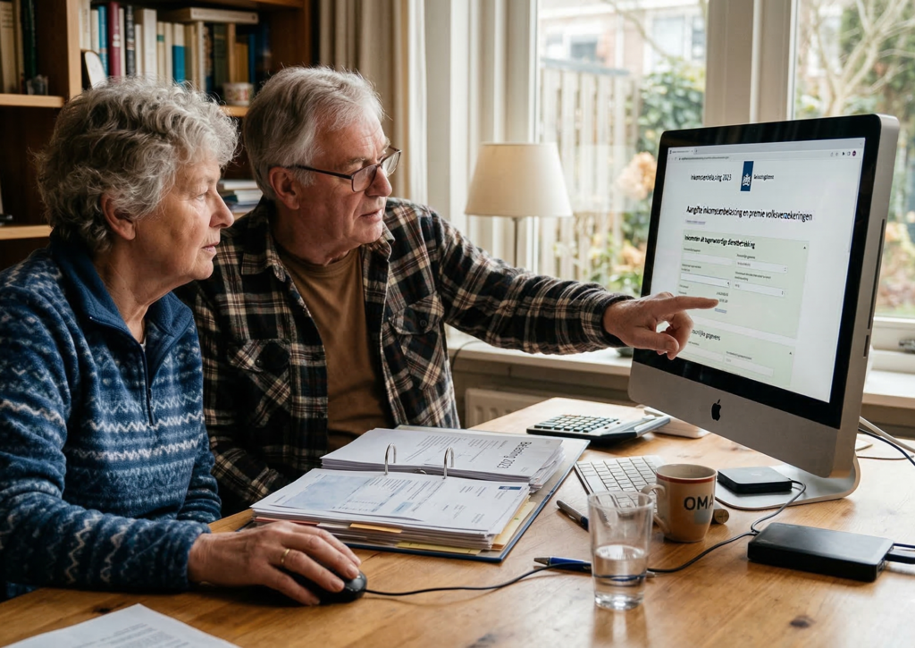Senioren die hun belasting aangifte invullen.